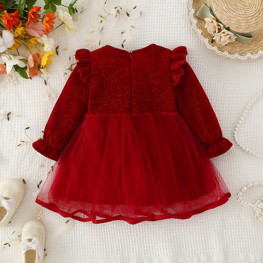 Vestido Rojo de Tul con Lazo Perlado – Manga Larga