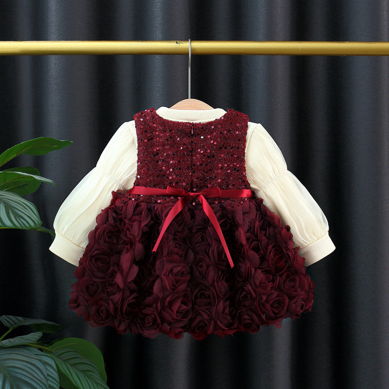 Vestido Burdeos Rosas 3D con Lazo Elegante