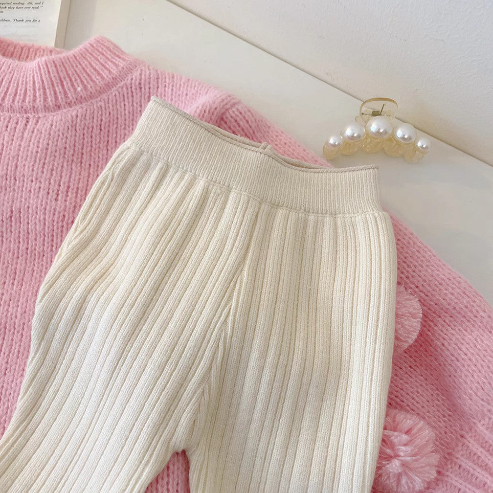 Conjunto Pompones Rosados – Suéter Tejido + Pantalón Acampanado