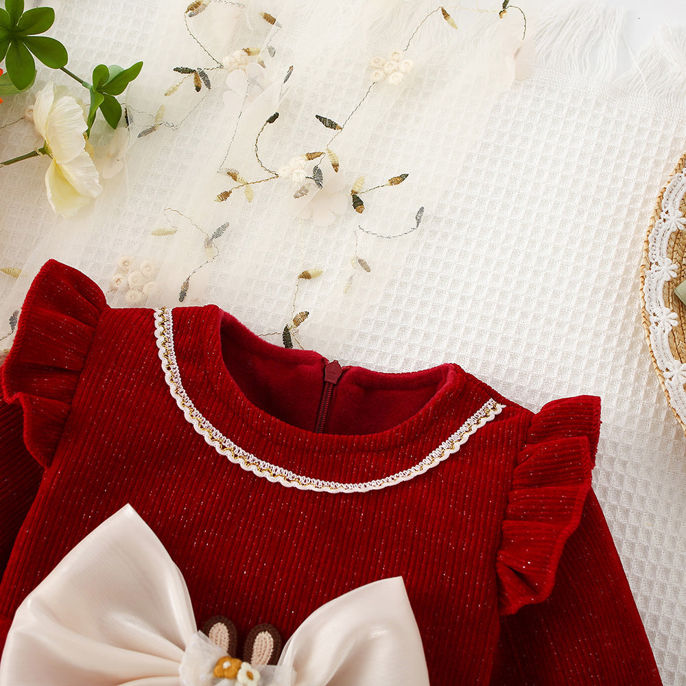 Vestido Rojo de Tul con Lazo Perlado – Manga Larga