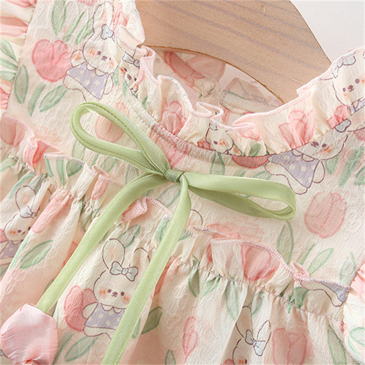 Vestido Estampado de Conejitos y Tulipanes con Lazo Verde