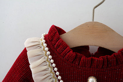 Vestido Burdeos Princesa con Cuello Volanado y Cartera Bunny