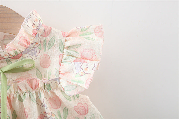 Vestido Estampado de Conejitos y Tulipanes con Lazo Verde