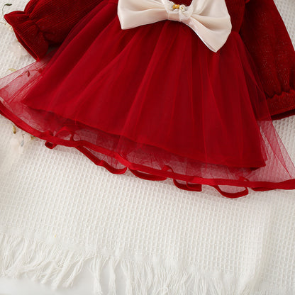 Vestido Rojo de Tul con Lazo Perlado – Manga Larga