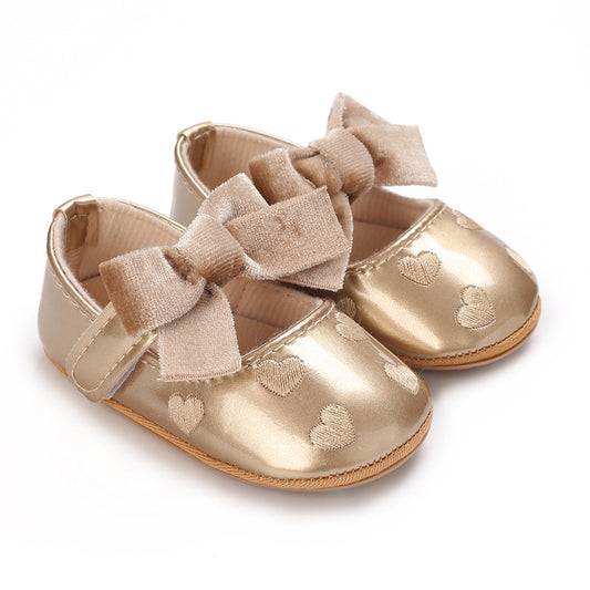 Zapatos Dorados para Bebé con Lazo de Terciopelo – Modelo Golden Heart