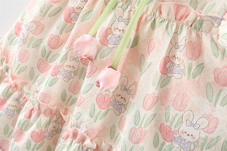 Vestido Estampado de Conejitos y Tulipanes con Lazo Verde