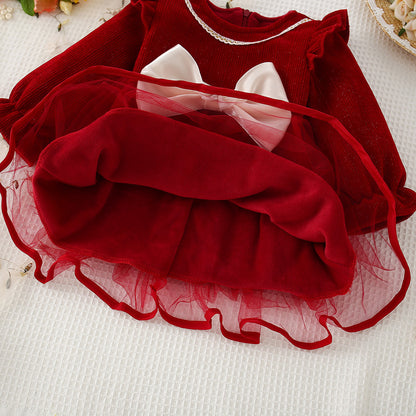 Vestido Rojo de Tul con Lazo Perlado – Manga Larga