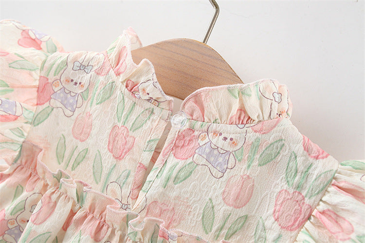 Vestido Estampado de Conejitos y Tulipanes con Lazo Verde