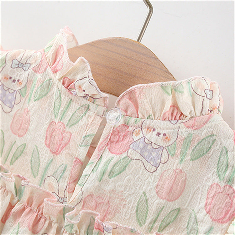 Vestido Estampado de Conejitos y Tulipanes con Lazo Verde