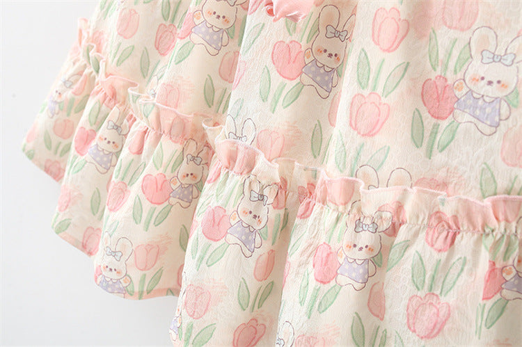 Vestido Estampado de Conejitos y Tulipanes con Lazo Verde