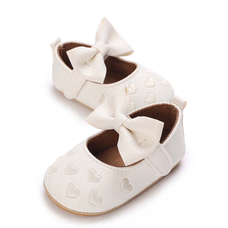 Zapatos Blancos con Moño y Corazones Bordados para Bebé Niña