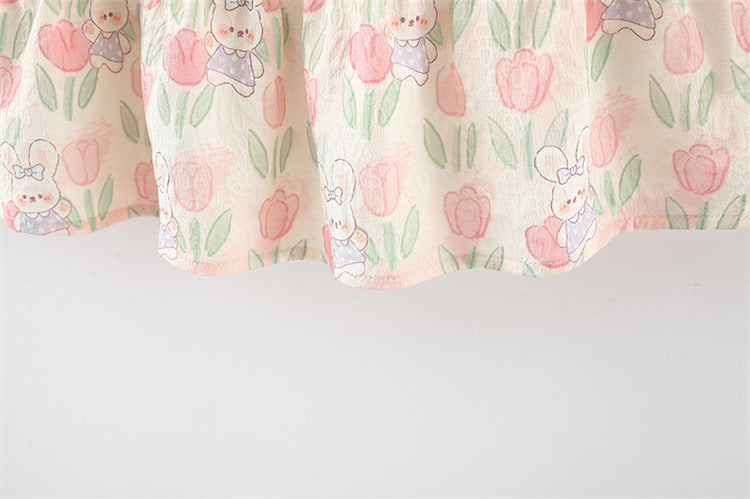 Vestido Estampado de Conejitos y Tulipanes con Lazo Verde