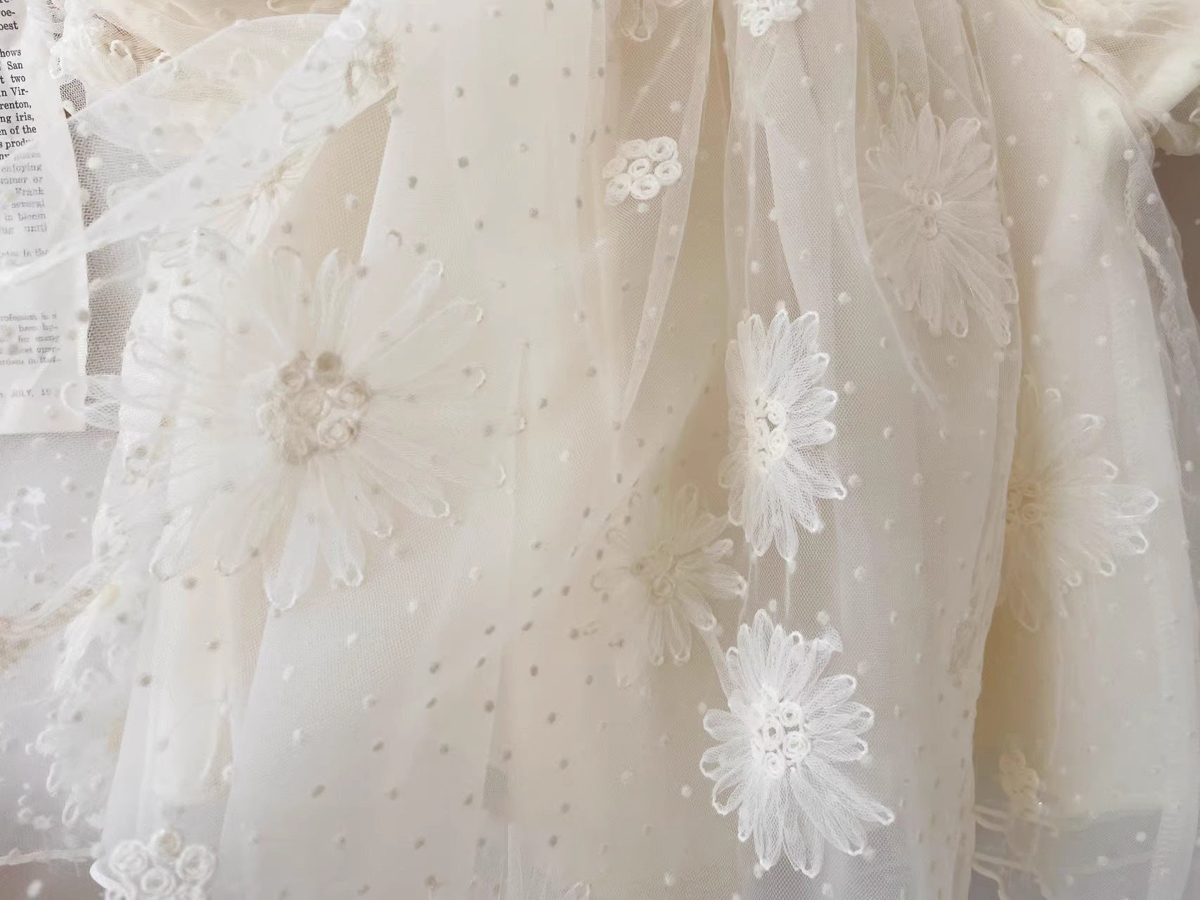 Vestido de Tul Bordado Color Marfil con Mangas Abullonadas