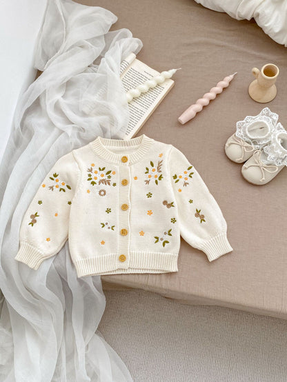 Cárdigan Tejido Color Crema con Bordado Floral