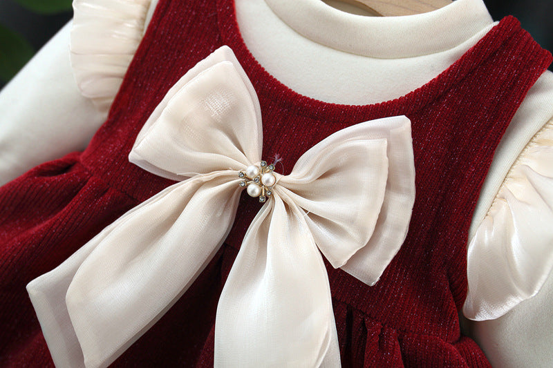 Vestido Burdeos Elegante con Lazo Perlado