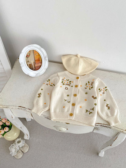 Cárdigan Tejido Color Crema con Bordado Floral