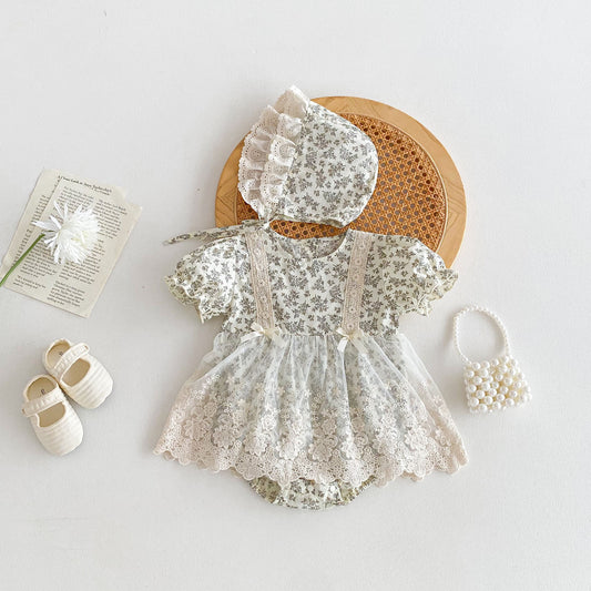 Romper Vestido Floral Vintage con Encaje – Con Gorro