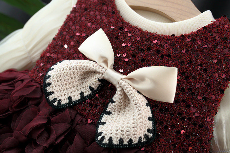 Vestido Burdeos Rosas 3D con Lazo Elegante