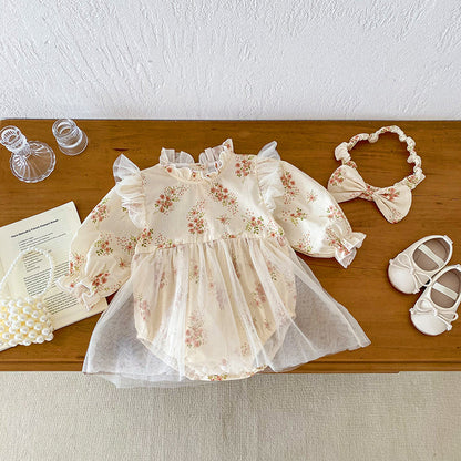 Vestido Floral Vintage con Tull y Vincha a Juego