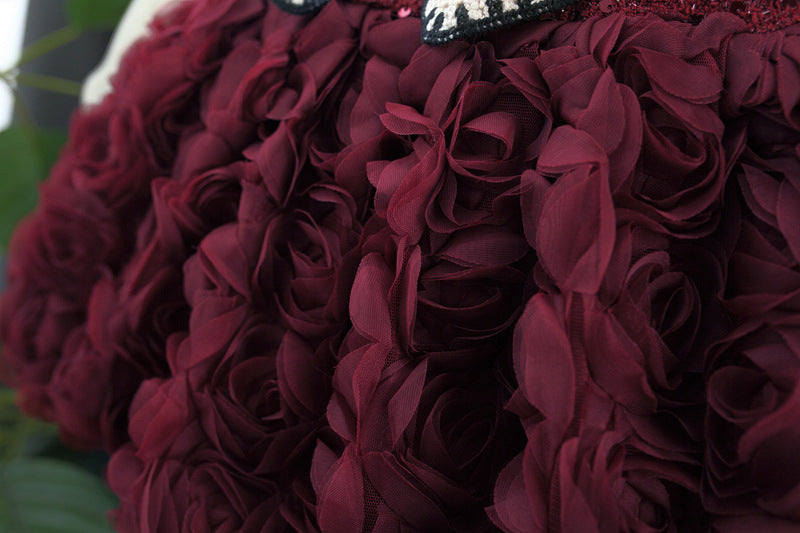 Vestido Burdeos Rosas 3D con Lazo Elegante