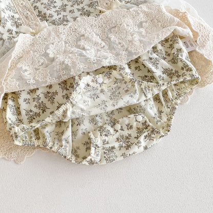 Romper Vestido Floral Vintage con Encaje – Con Gorro