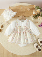 Vestido Floral Vintage para Bebé Niña con Gorro | Vestido Elegante para Bautizo y Cumpleaños