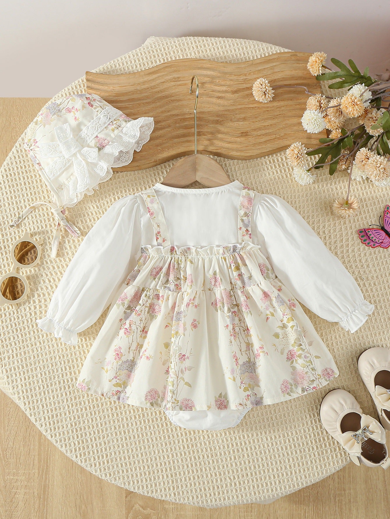 Vestido Floral Vintage para Bebé Niña con Gorro | Vestido Elegante para Bautizo y Cumpleaños