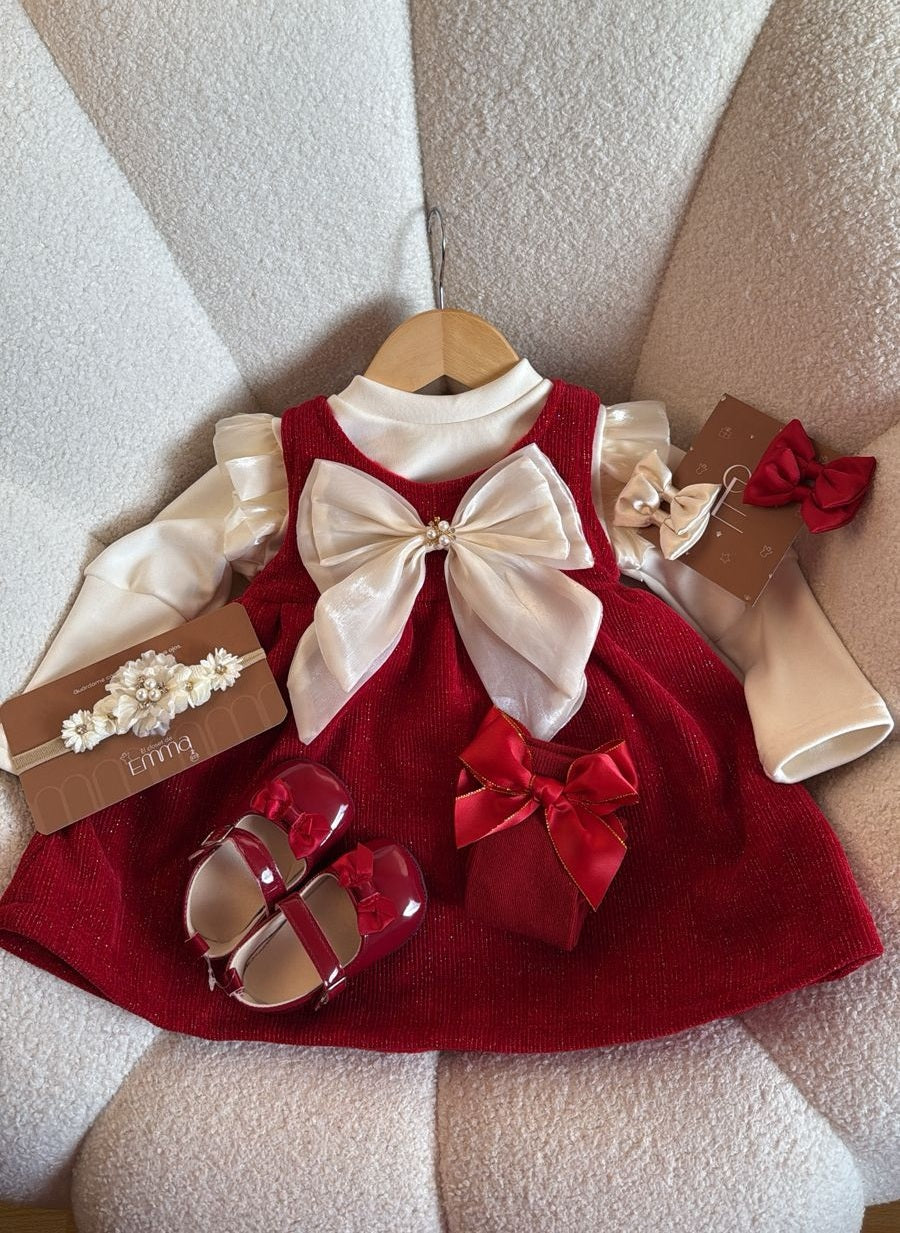 Outfit completo Vestido Burdeos Elegante con Lazo Perlado