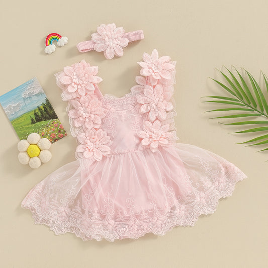 Vestido Rosa de Encaje con Flores 3D para Bebé – Modelo Petal Bloom