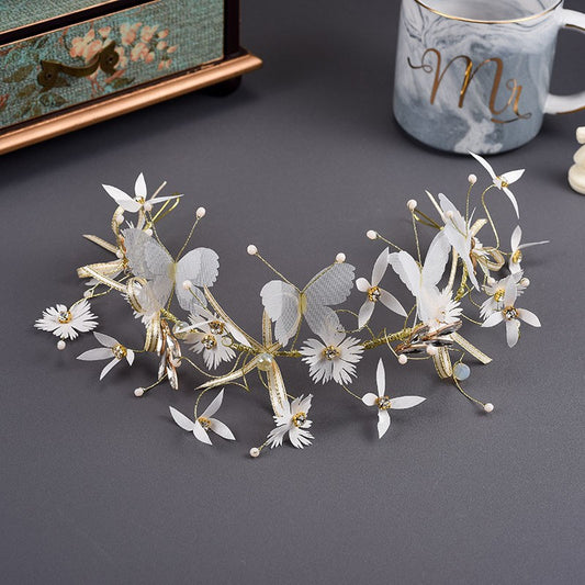 Tiarita de Flores y Mariposas en Dorado y Blanco para Niña