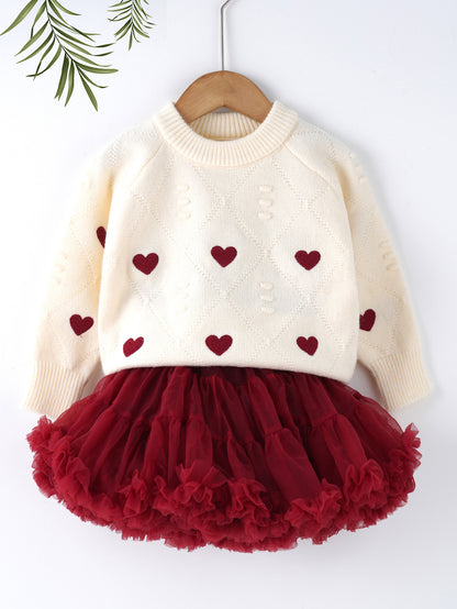 Conjunto Sweater Corazones con Falda Tul – Rojo Amor