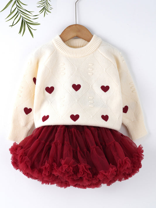 Conjunto Sweater Corazones con Falda Tul – Rojo Amor