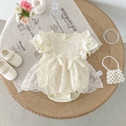 Vestido Ivory Encaje Floral con Lazos – Verano