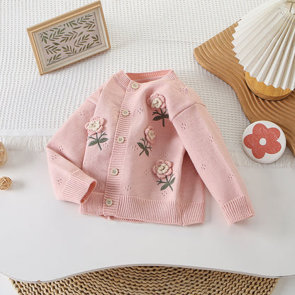 Cárdigan Rosa con Flores Bordadas en 3D