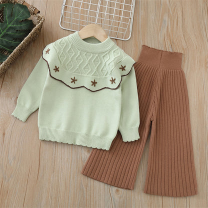 Conjunto Tejido Floral de 2 Piezas – Suéter + Pantalón