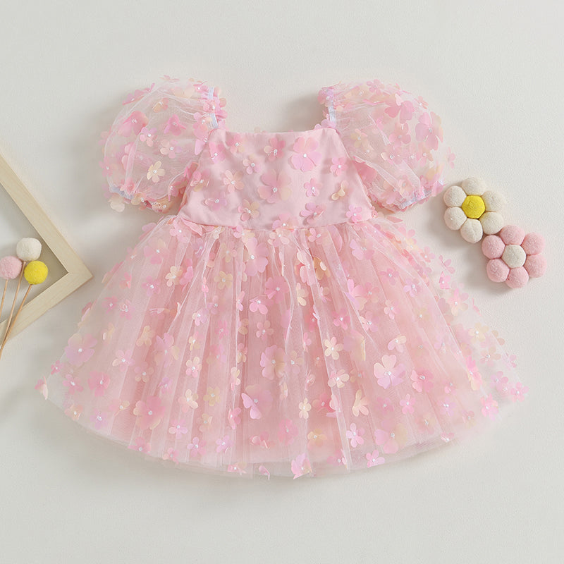 Vestido Rosado de Tul con Flores 3D | Fiesta y Fotos