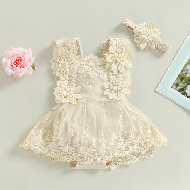 Vestido de Encaje Beige con Flores 3D