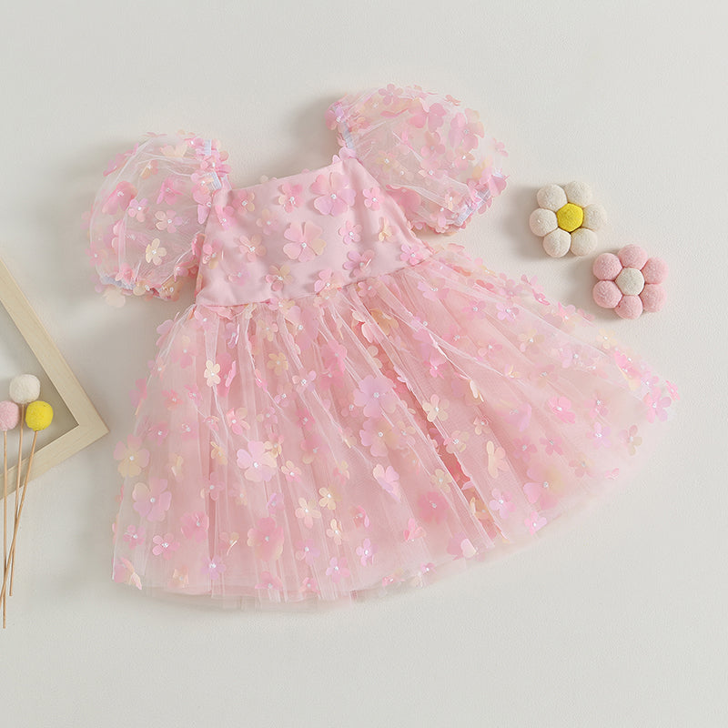 Vestido Rosado de Tul con Flores 3D | Fiesta y Fotos