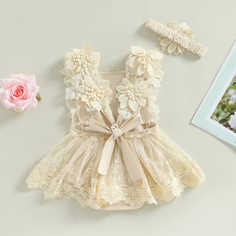 Vestido de Encaje Beige con Flores 3D + Vincha