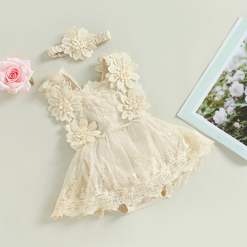 Vestido de Encaje Beige con Flores 3D + Vincha