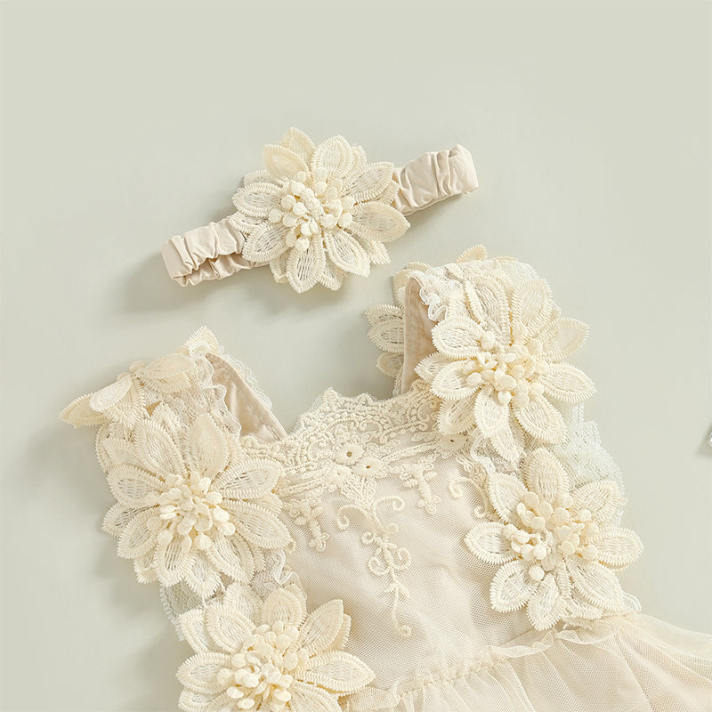 Vestido de Encaje Beige con Flores 3D + Vincha
