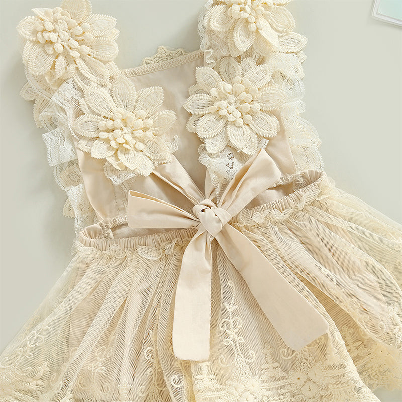 Vestido de Encaje Beige con Flores 3D + Vincha