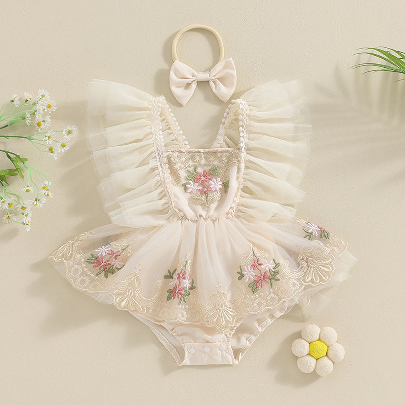 Enterizo de Encaje Floral con Tul Volado – Incluye Vincha