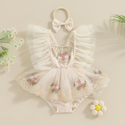 Enterizo de Encaje Floral con Tul Volado – Incluye Vincha