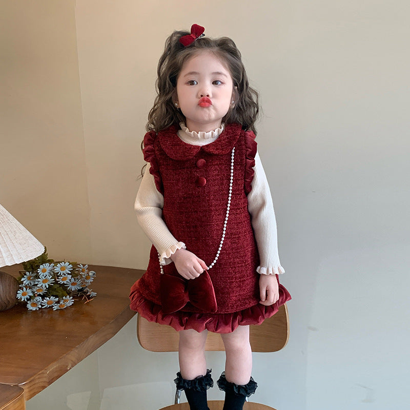 Vestido Burdeos con Volantes y Bolso de Lazo – Estilo Clásico para Niña
