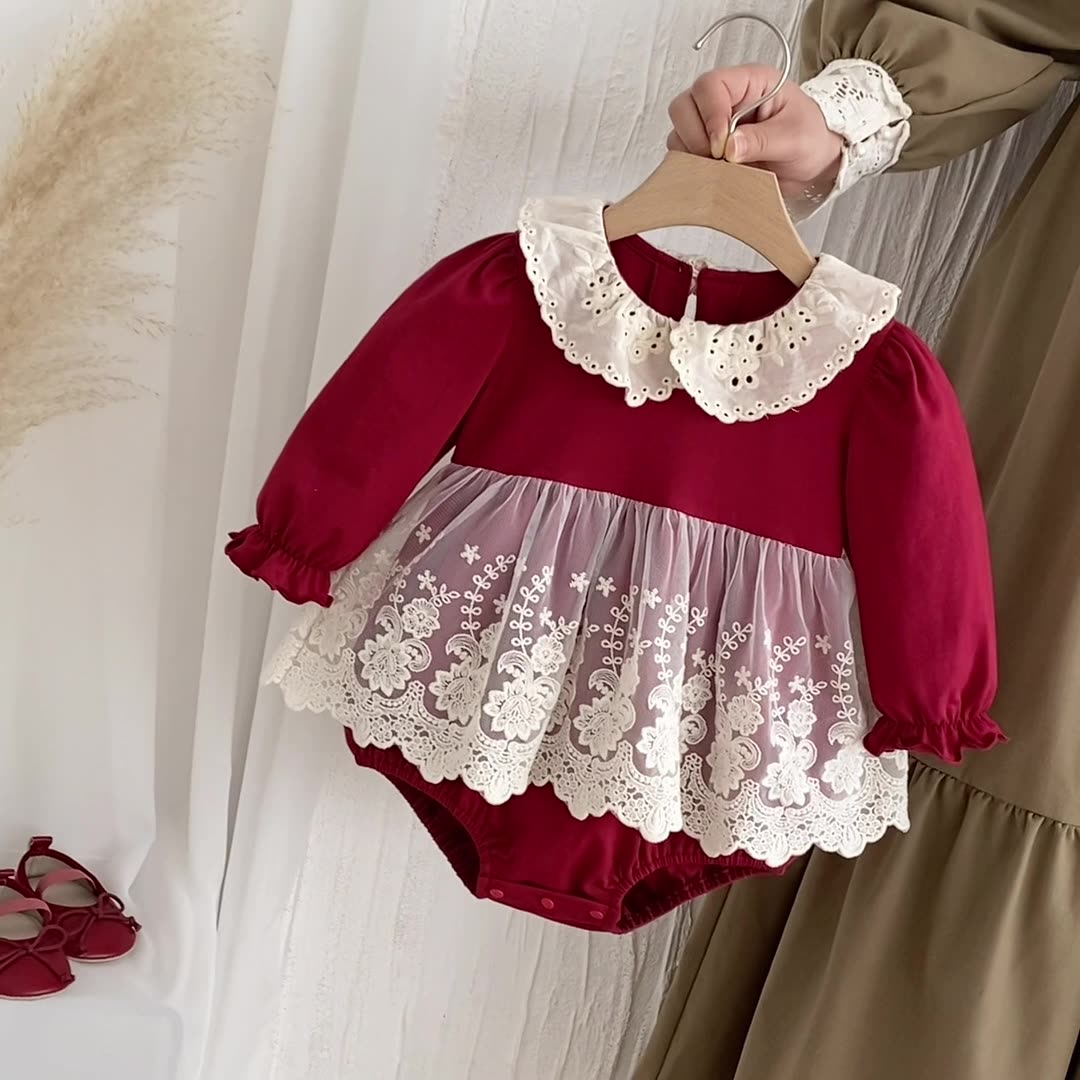 Vestido Tipo Romper Rojo con Encaje para Bebé Niña