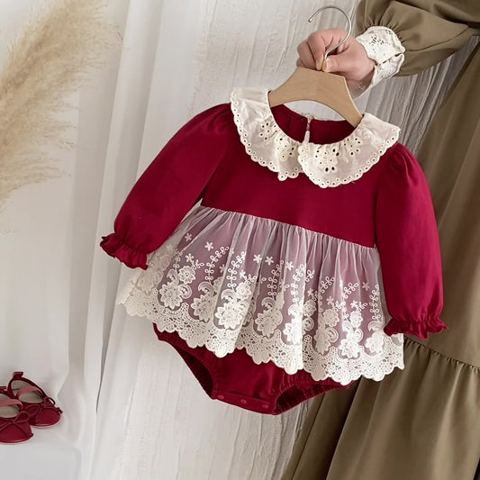 Vestido Tipo Romper Rojo con Encaje para Bebé Niña