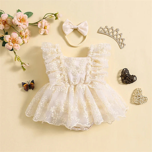 Body Vestido de Encaje Floral Marfil – Incluye Vincha