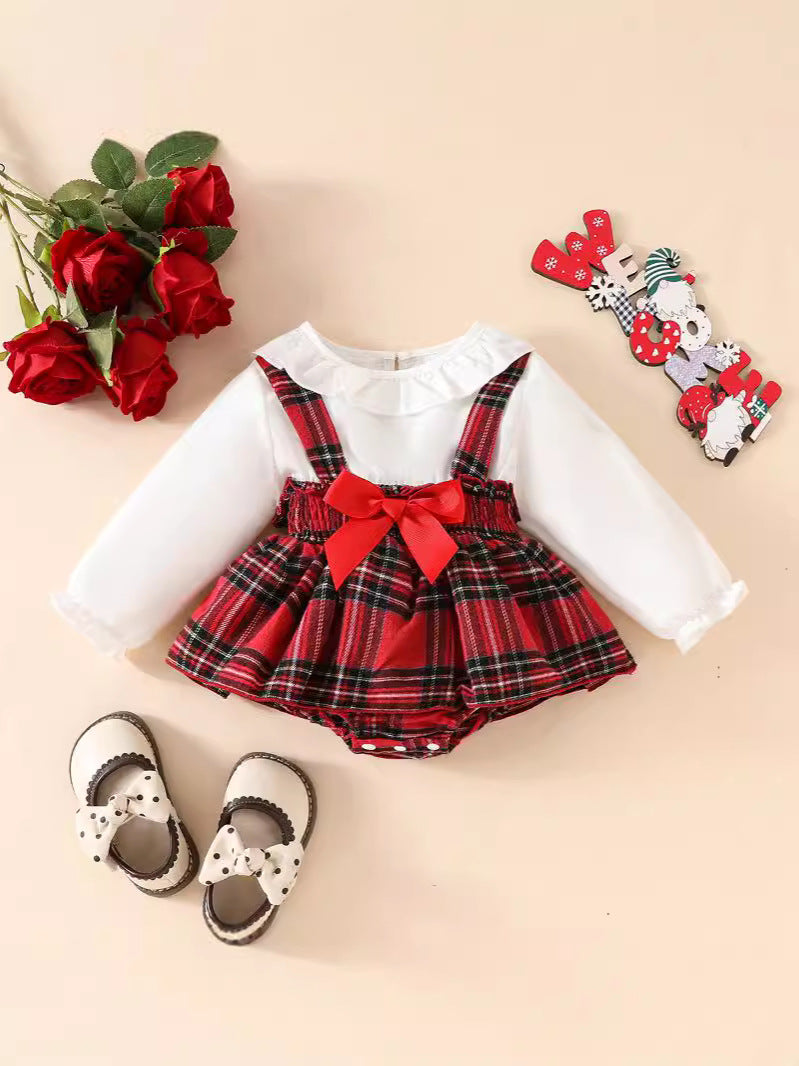 Conjunto Rojo con Blusa Blanca y Moño – Estilo Festivo para Bebé Niña Imagen principal del producto