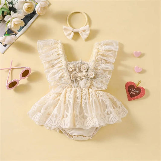 Enterizo de Encaje con Rosas y Vincha – Modelo Cream Rose